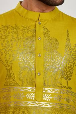 Mustard yellow hand block foil printed viscos kurta payjama ethnic wear / festive wear 5