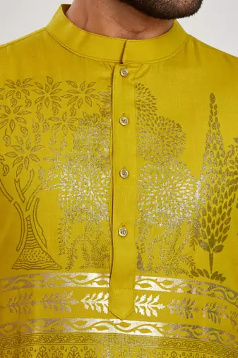 Mustard yellow hand block foil printed viscos kurta payjama ethnic wear / festive wear