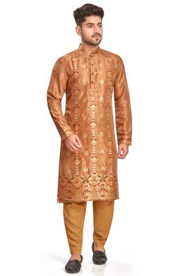 Brown  hand block printed kurta with embroidery banarsi silk  kurta payjama etnic wear / festive wear 1