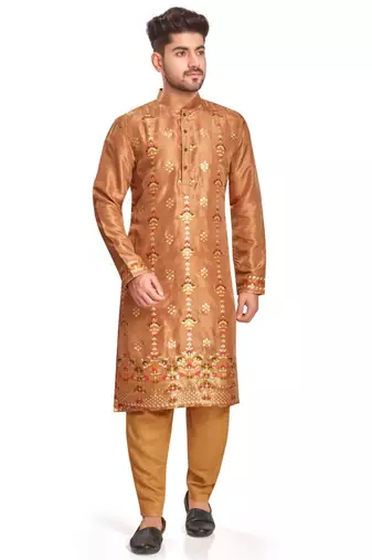 Brown  hand block printed kurta with embroidery banarsi silk  kurta payjama etnic wear / festive wear