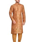 Brown  hand block printed kurta with embroidery banarsi silk  kurta payjama etnic wear / festive wear