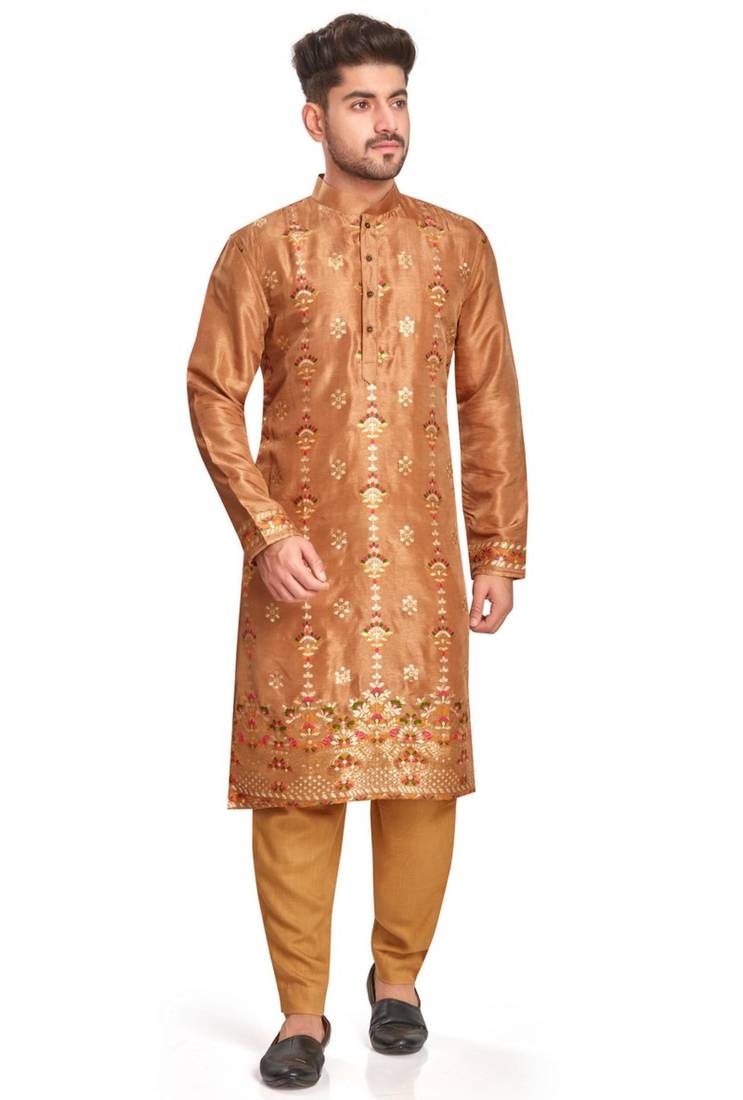Brown  hand block printed kurta with embroidery banarsi silk  kurta payjama etnic wear / festive wear