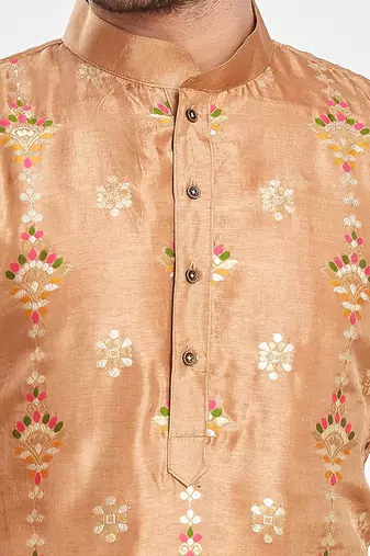 Brown  hand block printed kurta with embroidery banarsi silk  kurta payjama etnic wear / festive wear