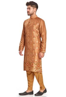 Brown  hand block printed kurta with embroidery banarsi silk  kurta payjama etnic wear / festive wear 4