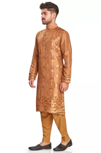Brown  hand block printed kurta with embroidery banarsi silk  kurta payjama etnic wear / festive wear