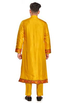 Yellow hand block printed kurta with embroidery banarsi silk  kurta payjama etnic wear / festive wear 2