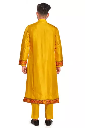 Yellow hand block printed kurta with embroidery banarsi silk  kurta payjama etnic wear / festive wear