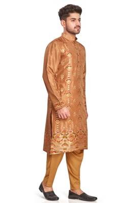 Brown  hand block printed kurta with embroidery banarsi silk  kurta payjama etnic wear / festive wear 5
