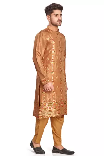Brown  hand block printed kurta with embroidery banarsi silk  kurta payjama etnic wear / festive wear