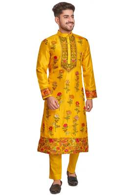 Yellow hand block printed kurta with embroidery banarsi silk  kurta payjama etnic wear / festive wear 1