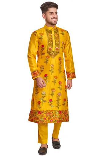 Yellow hand block printed kurta with embroidery banarsi silk  kurta payjama etnic wear / festive wear
