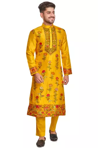 Yellow hand block printed kurta with embroidery banarsi silk  kurta payjama etnic wear / festive wear