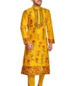 Yellow hand block printed kurta with embroidery banarsi silk  kurta payjama etnic wear / festive wear