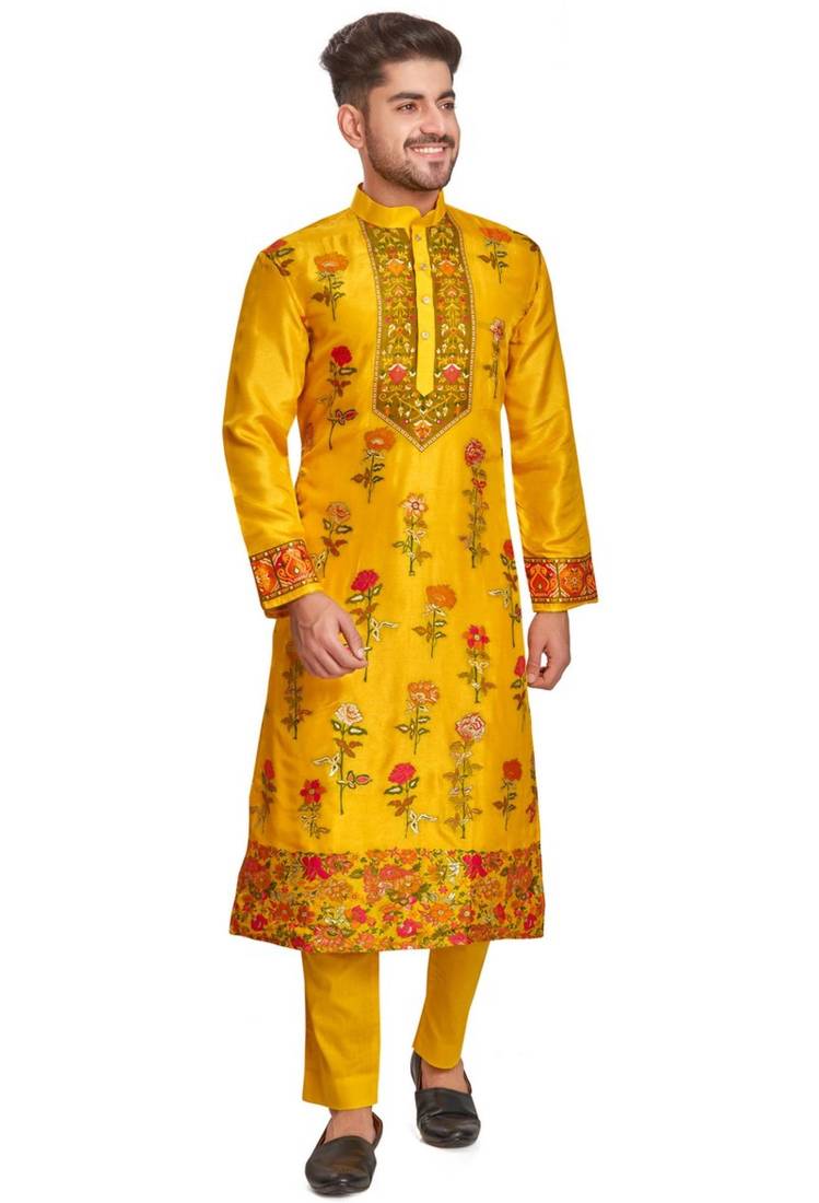 Yellow hand block printed kurta with embroidery banarsi silk  kurta payjama etnic wear / festive wear
