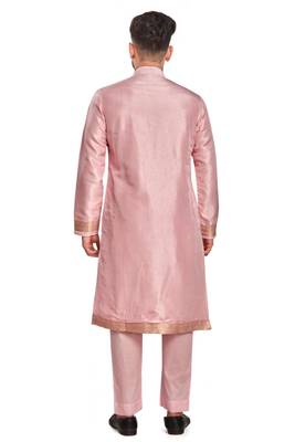 Pink hand block printed kurta with embroidery banarsi silk  kurta payjama etnic wear / festive wear 2
