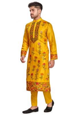 Yellow hand block printed kurta with embroidery banarsi silk  kurta payjama etnic wear / festive wear 3