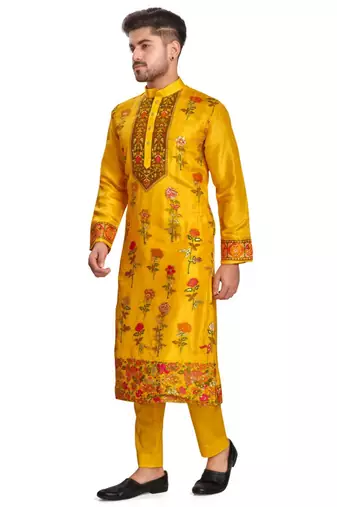 Yellow hand block printed kurta with embroidery banarsi silk  kurta payjama etnic wear / festive wear