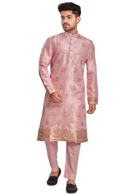 Pink hand block printed kurta with embroidery banarsi silk  kurta payjama etnic wear / festive wear 1