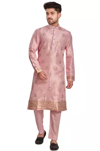 Pink hand block printed kurta with embroidery banarsi silk  kurta payjama etnic wear / festive wear