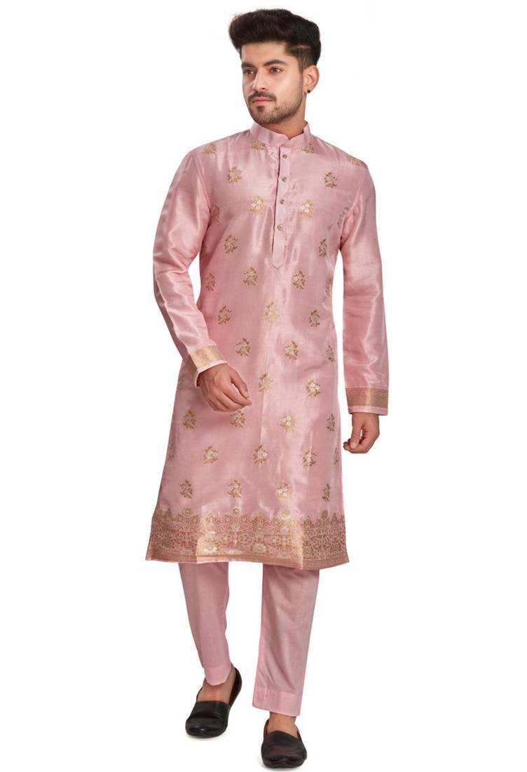 Pink hand block printed kurta with embroidery banarsi silk  kurta payjama etnic wear / festive wear
