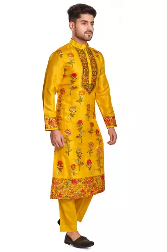 Yellow hand block printed kurta with embroidery banarsi silk  kurta payjama etnic wear / festive wear