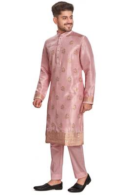 Pink hand block printed kurta with embroidery banarsi silk  kurta payjama etnic wear / festive wear 3