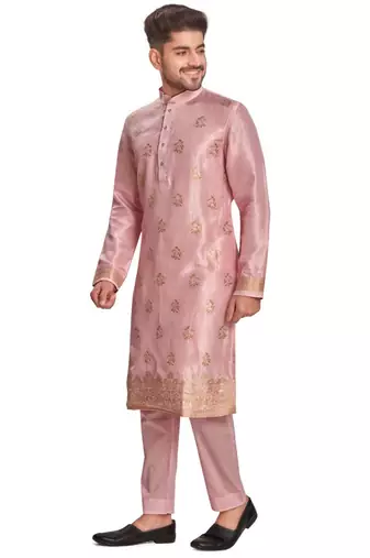 Pink hand block printed kurta with embroidery banarsi silk  kurta payjama etnic wear / festive wear