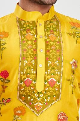 Yellow hand block printed kurta with embroidery banarsi silk  kurta payjama etnic wear / festive wear 5