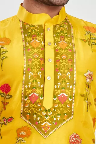 Yellow hand block printed kurta with embroidery banarsi silk  kurta payjama etnic wear / festive wear