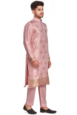 Pink hand block printed kurta with embroidery banarsi silk  kurta payjama etnic wear / festive wear 4