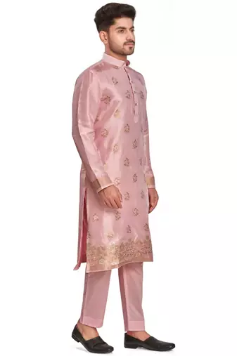 Pink hand block printed kurta with embroidery banarsi silk  kurta payjama etnic wear / festive wear