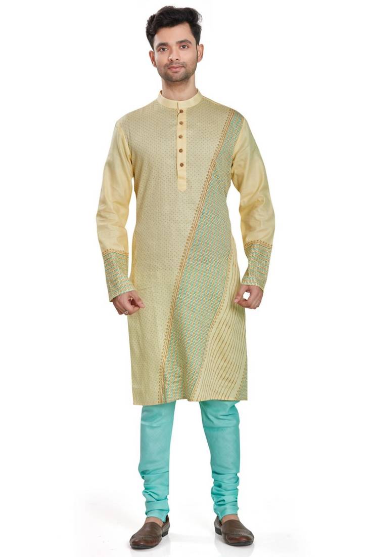Yellow hand block printed kurta payjama etnic wear / festive wear