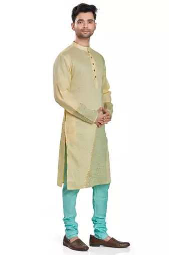 Yellow hand block printed kurta payjama etnic wear / festive wear