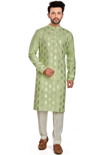 Light green hand block silver foil printed kurta payjama etnic wear / festive wear