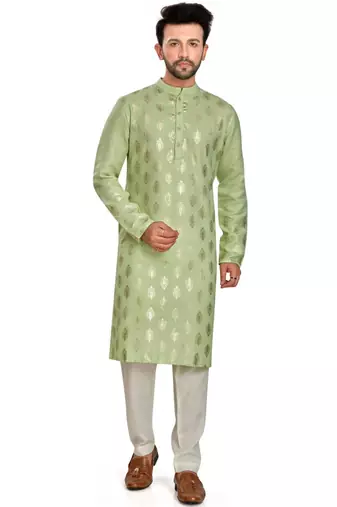 Light green hand block silver foil printed kurta payjama etnic wear / festive wear