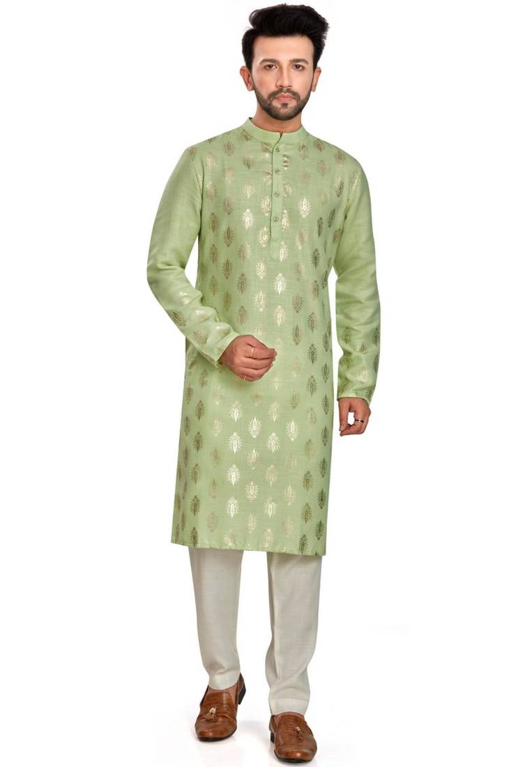 Light green hand block silver foil printed kurta payjama etnic wear / festive wear