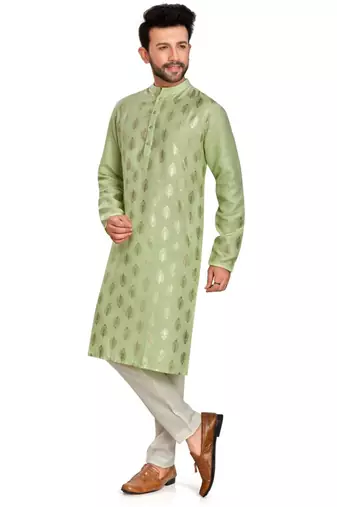 Light green hand block silver foil printed kurta payjama etnic wear / festive wear