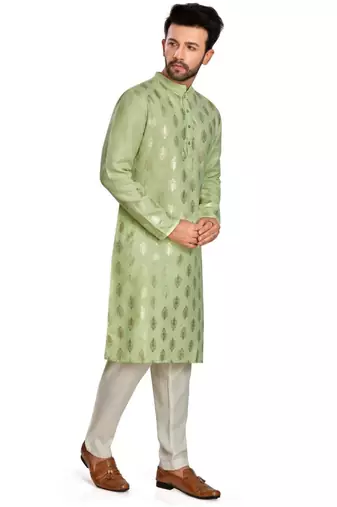 Light green hand block silver foil printed kurta payjama etnic wear / festive wear