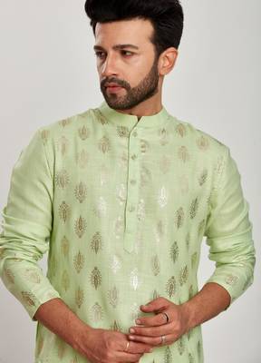 Light green hand block silver foil printed kurta payjama etnic wear / festive wear 5