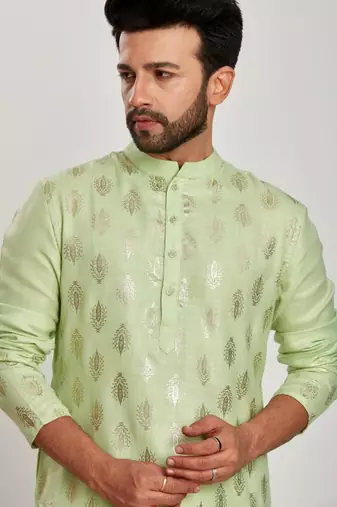 Light green hand block silver foil printed kurta payjama etnic wear / festive wear