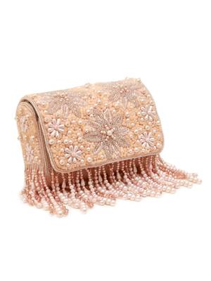 Peach suede pearl embroidered clutch 1