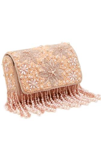 Peach suede pearl embroidered clutch