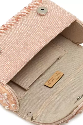 Peach suede pearl embroidered clutch