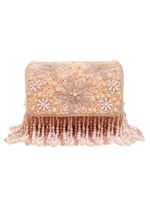 Peach suede pearl embroidered clutch 3