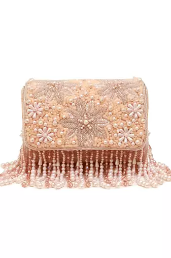 Peach suede pearl embroidered clutch