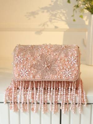 Peach suede pearl embroidered clutch 4