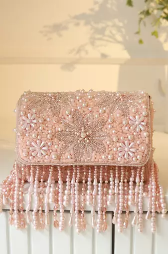 Peach suede pearl embroidered clutch