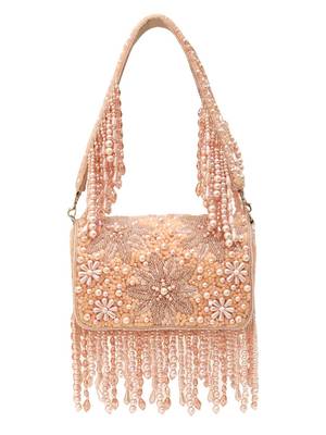 Peach suede pearl embroidered clutch 5