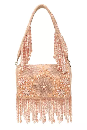 Peach suede pearl embroidered clutch