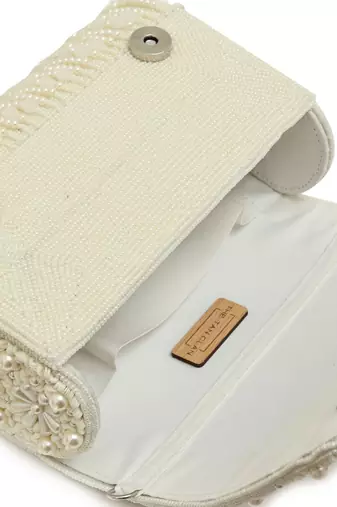 White suede pearl embroidered clutch